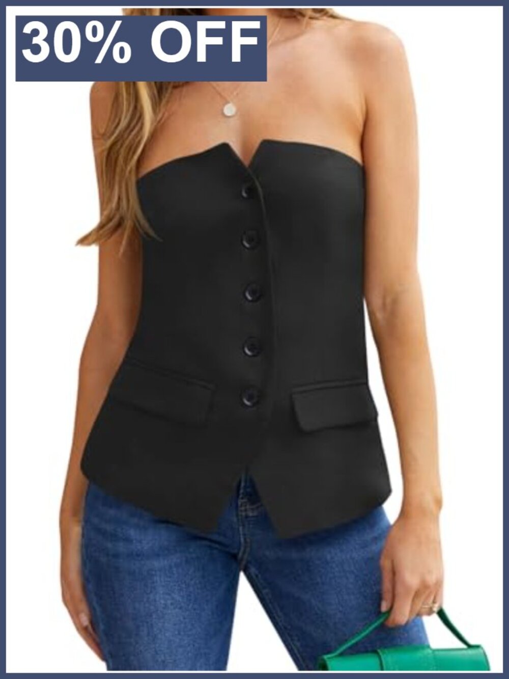 Cicy Bell Sleeveless Notched Neck Fitted Button Work Blazer Vest